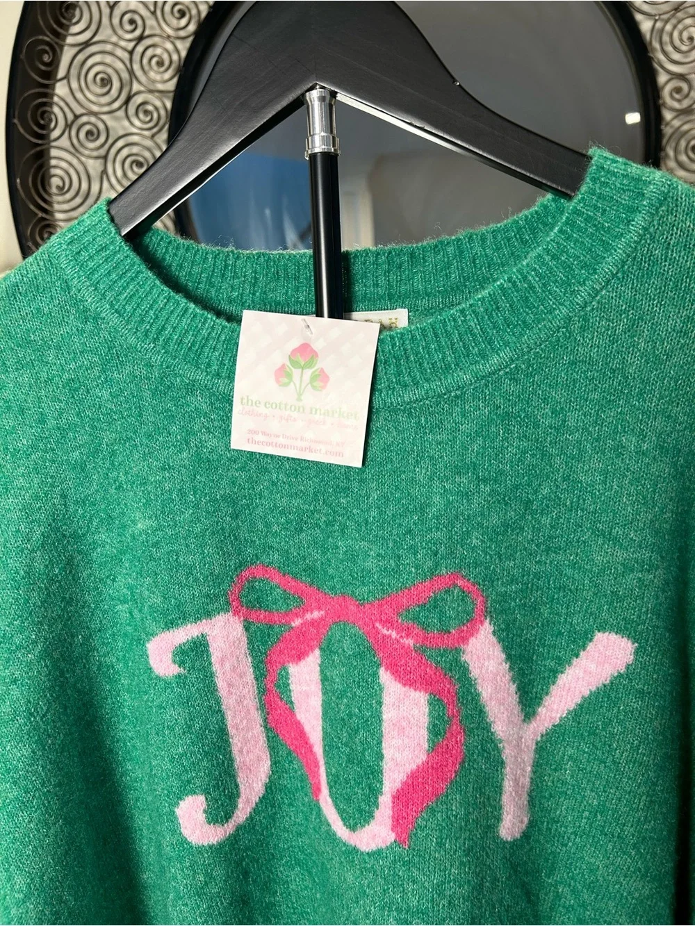Shiraleah Green Crewneck Sweater with Pink JOY Graphic